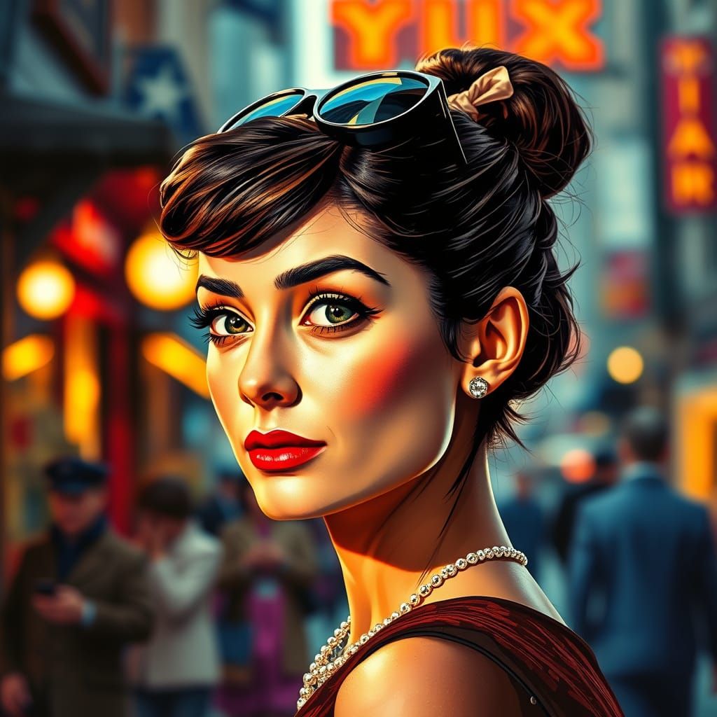 Hyperrealistic Audrey Hepburn as Holly Golightly in New York...