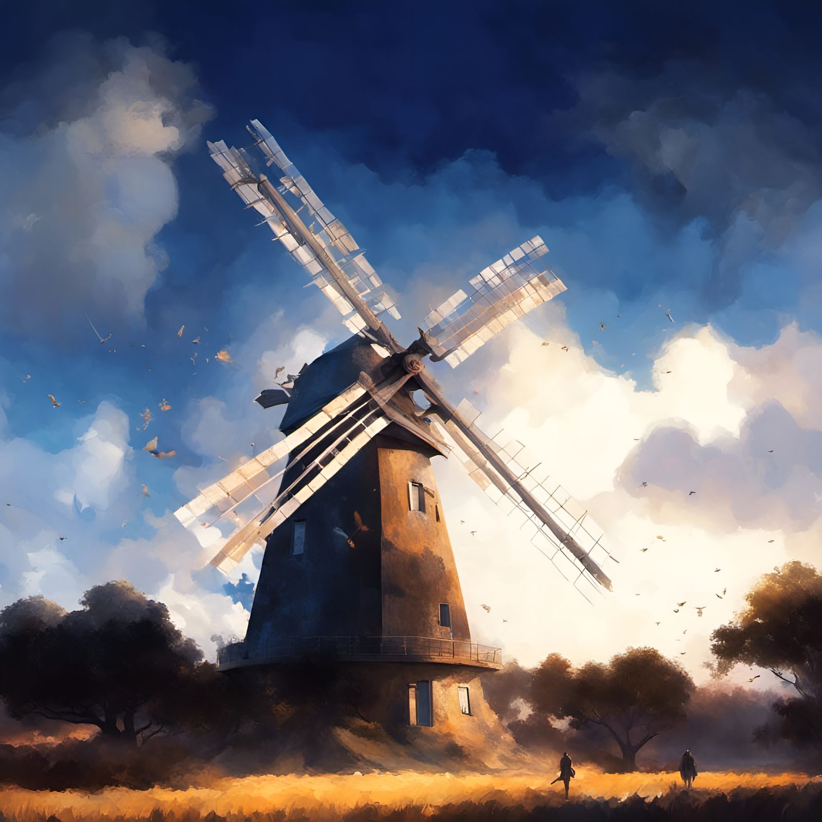 Windmill in Vivid Landscape, Maximalist Style