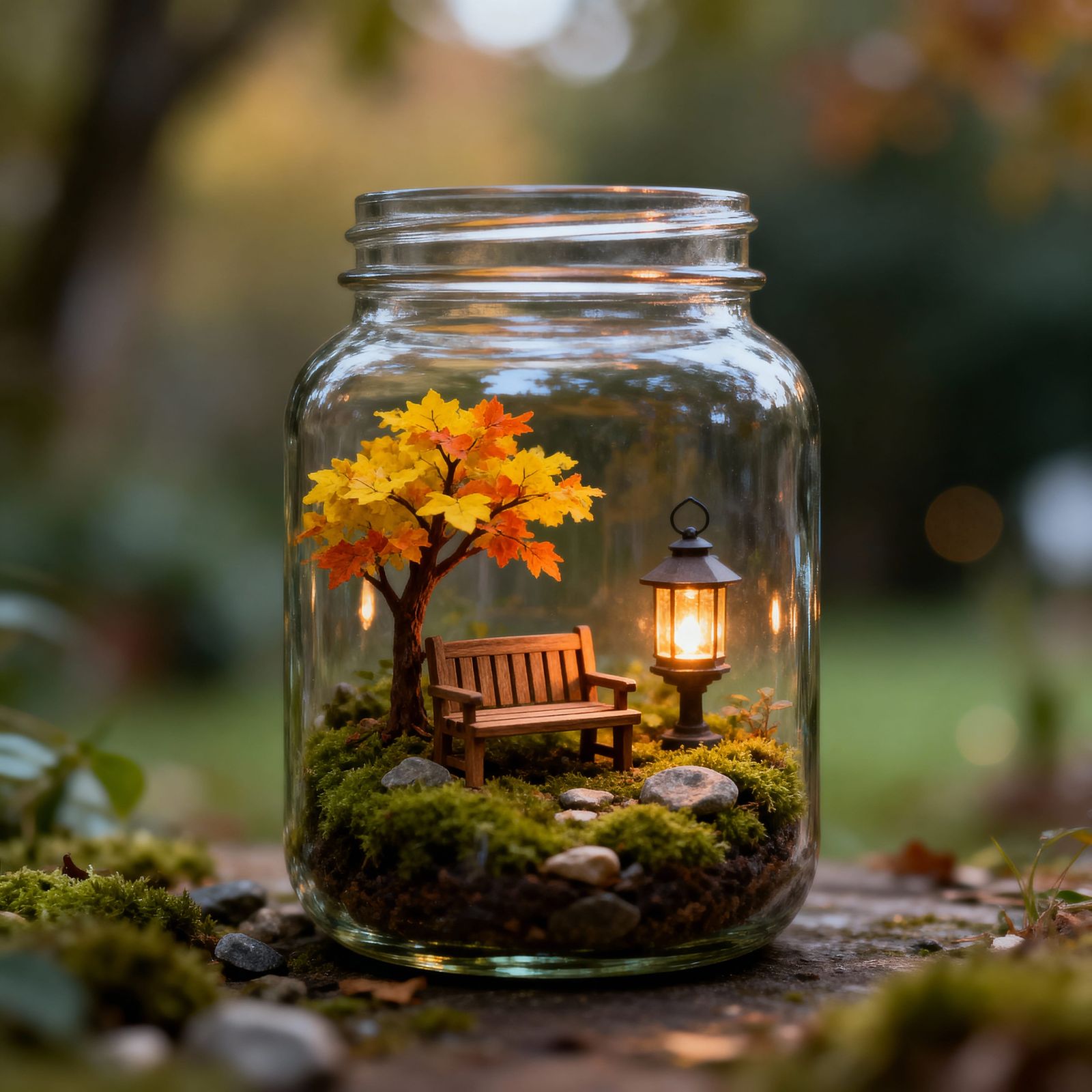 Cozy Autumn Bench Diorama in a Jar