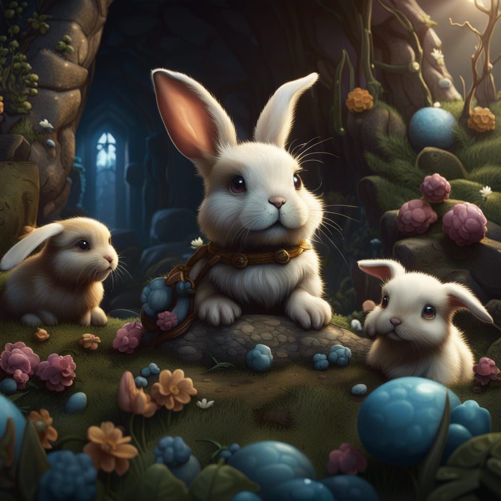 Playful Bunnies and Puppies in Detailed Fantasy Art