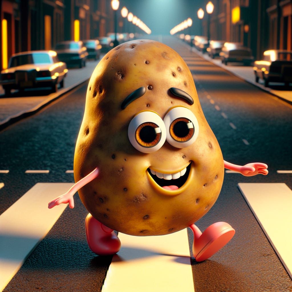 A happy smiling potato with big eyes walking on a road crossing