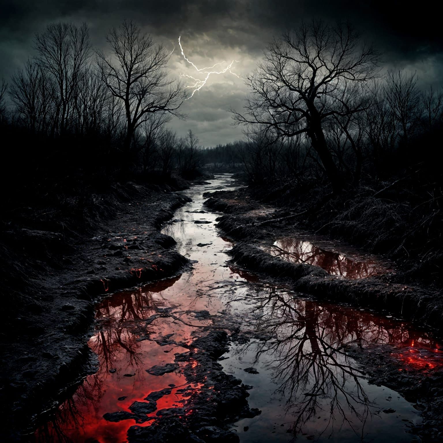 Hellish Crimson Landscape Reflecting the Past