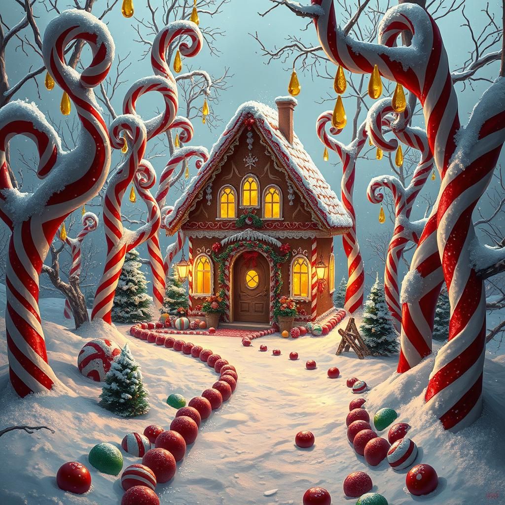 Gingerbread House in a Surreal Winter Wonderland