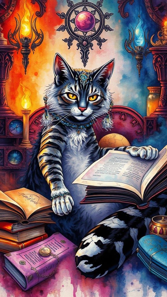 Majestic Feline in Mystical Realm, in Vibrant Alcohol Ink St...