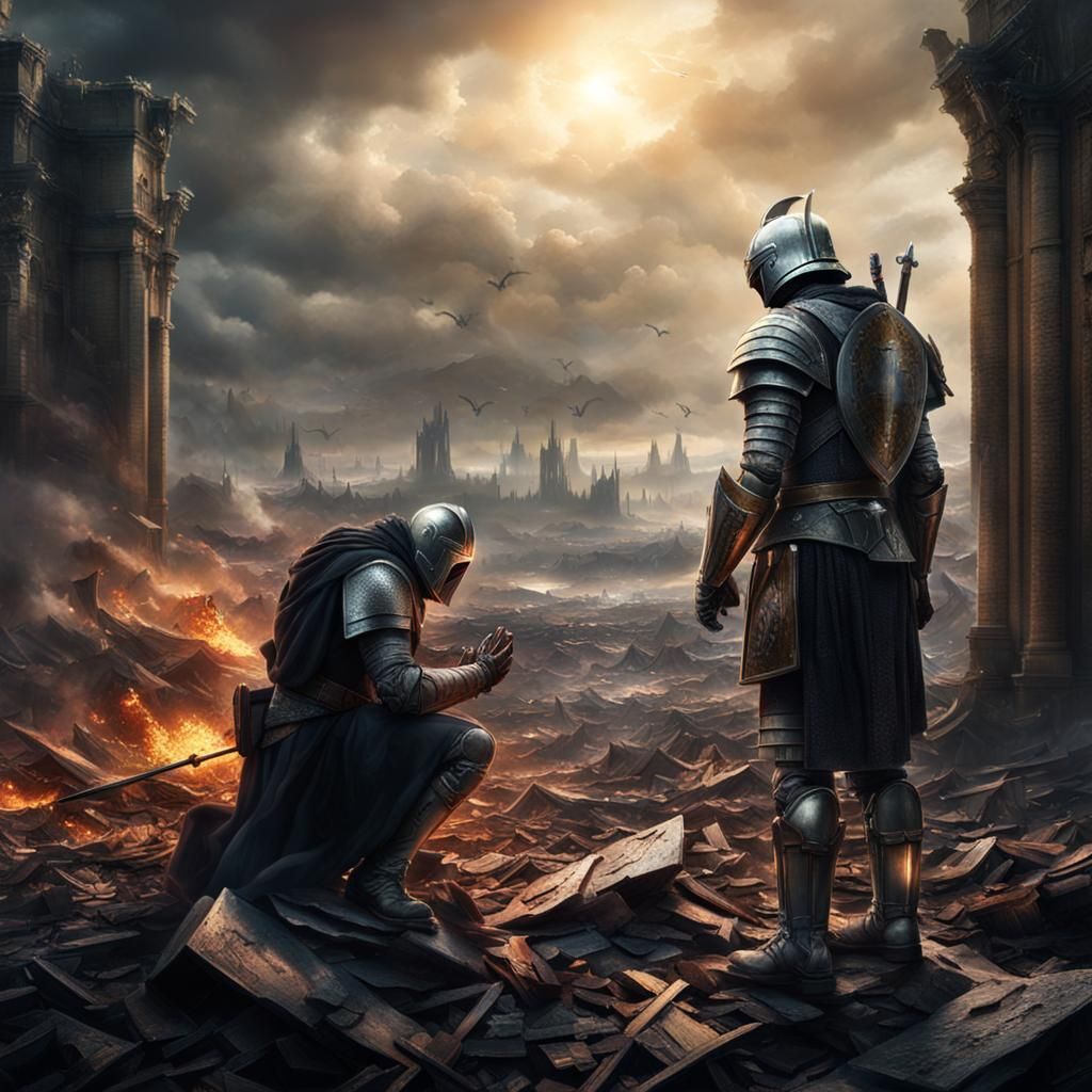 Knight's Prayer: Vibrant Scene of Battlefield Devastation