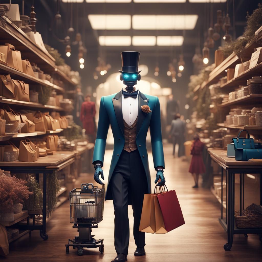 a human-like butler robot accompanying its owner on a shopping spree, offering fashion advice.