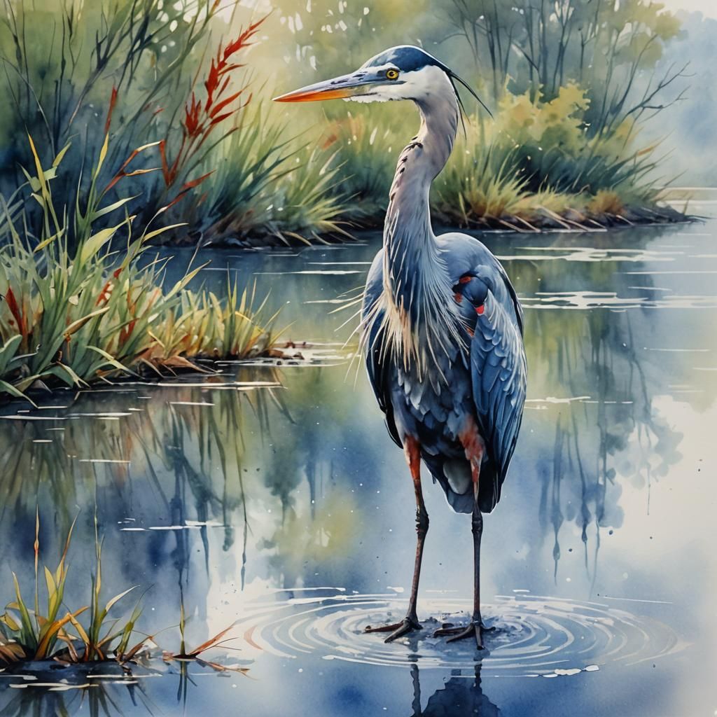 Blue Heron on Lake in Watercolor Art