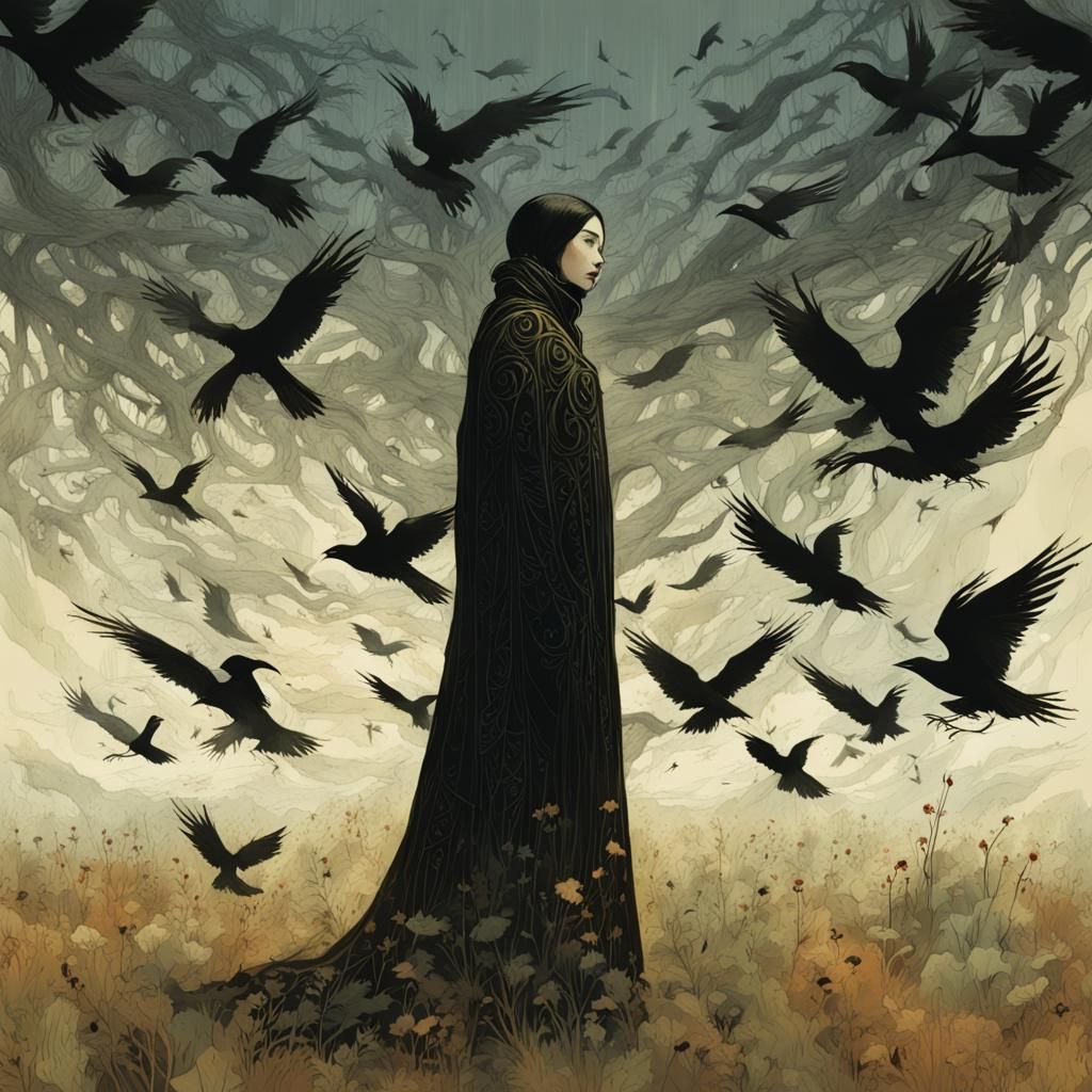 Ominous Man with Birds in Dark Fantasy Style