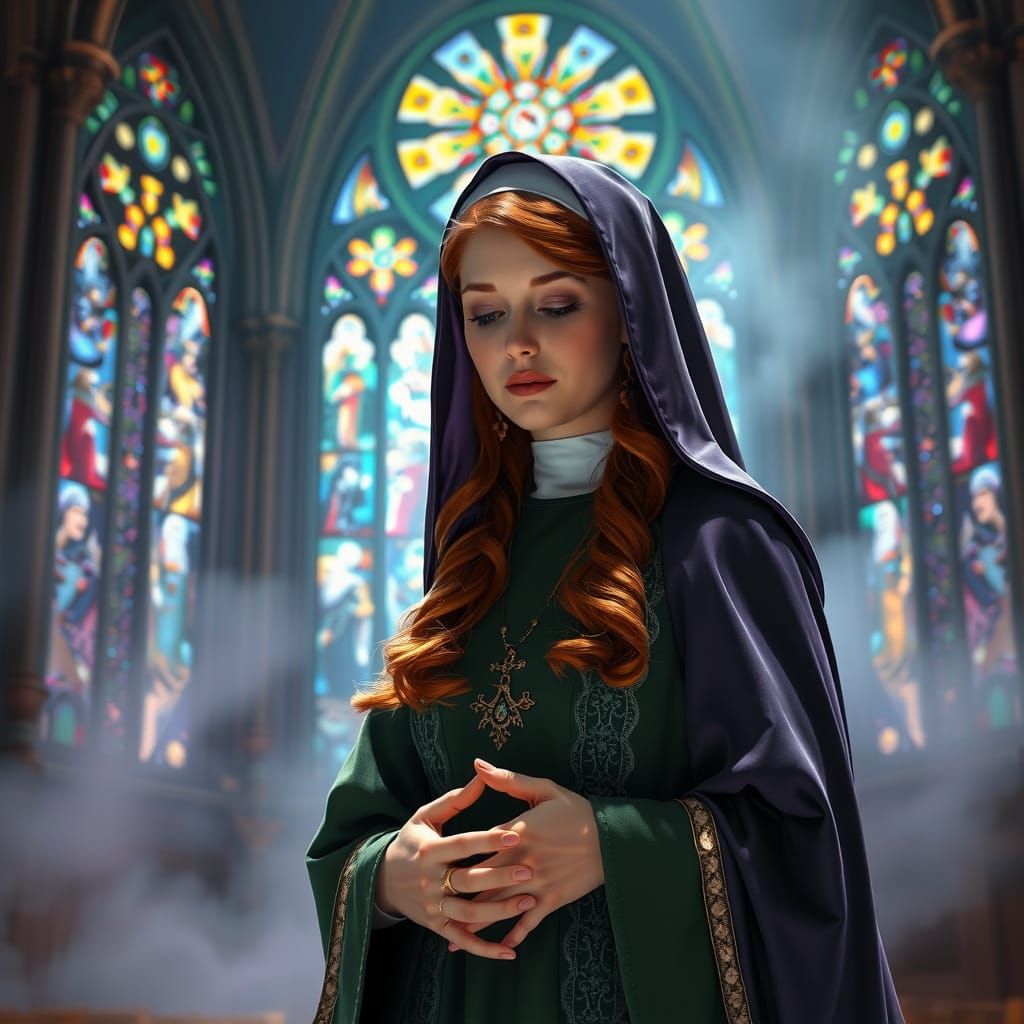 Redheaded Nun in Futuristic Gothic Church