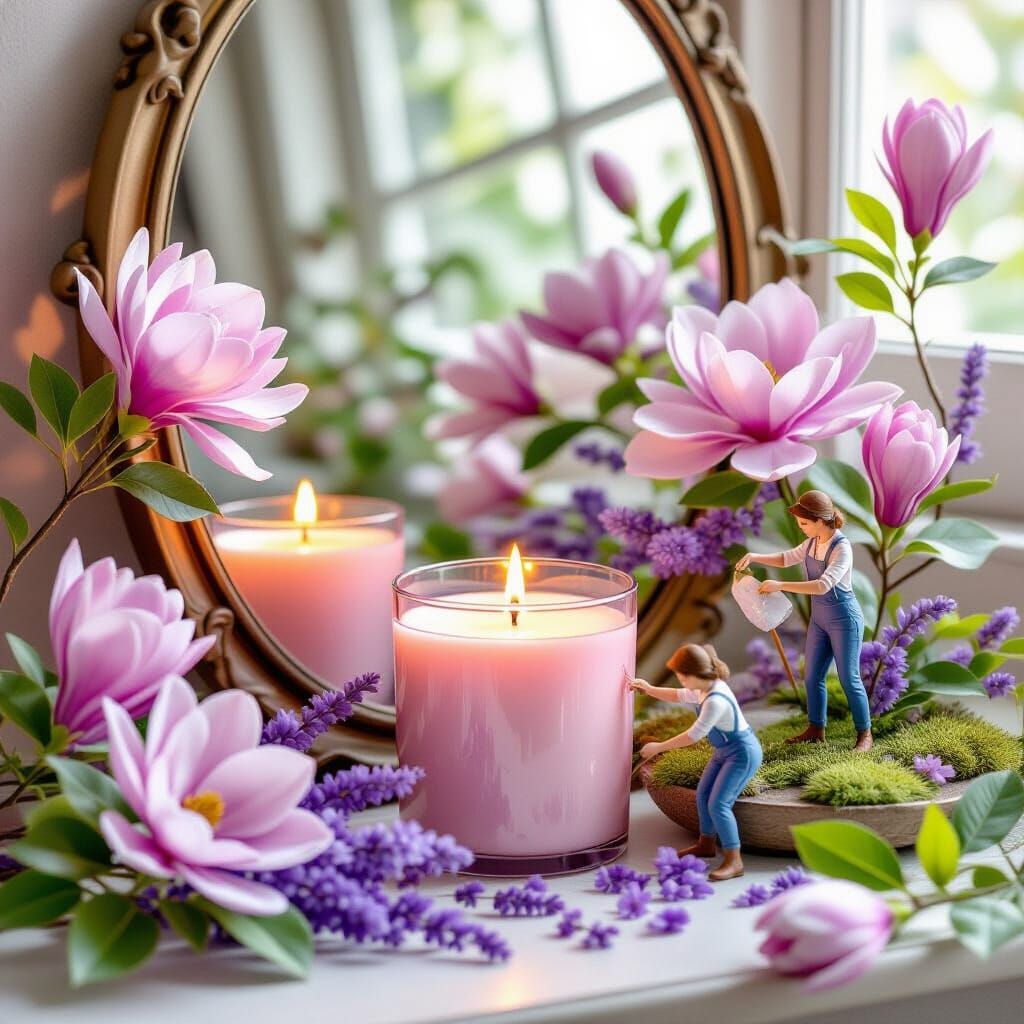 Romantic Still Life: Pink Candle, Flowers, and Miniature Gar...