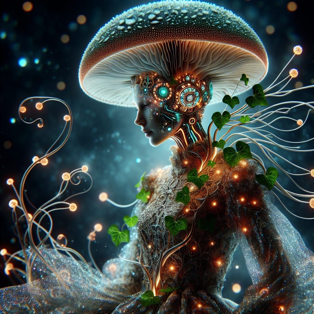 Futuristic Mushroom Cyborg Woman with Neon Lights