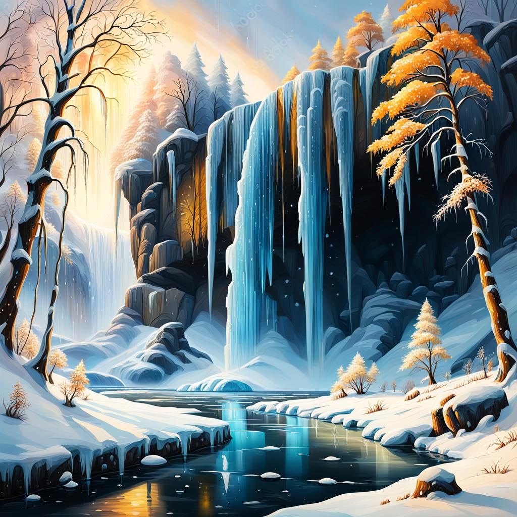 Frozen Waterfall in Amber Light, Dreamy Oil Painting