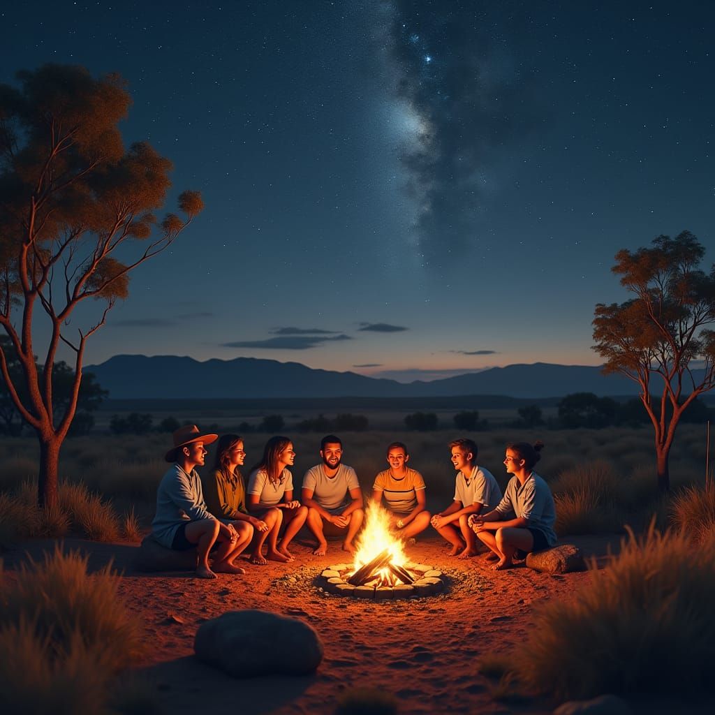 Friends Share Campfire Stories Under Outback Stars