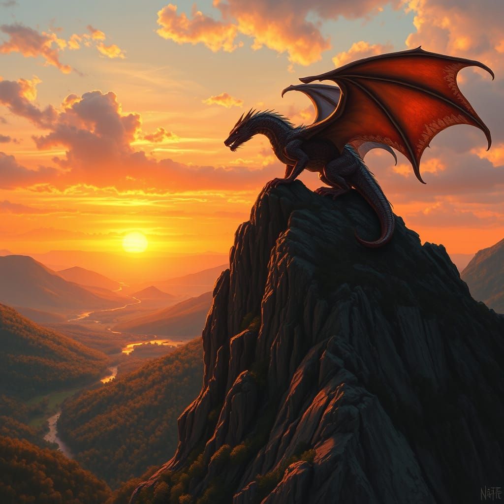 Dragon Silhouetted on Mountain Peak at Sunset