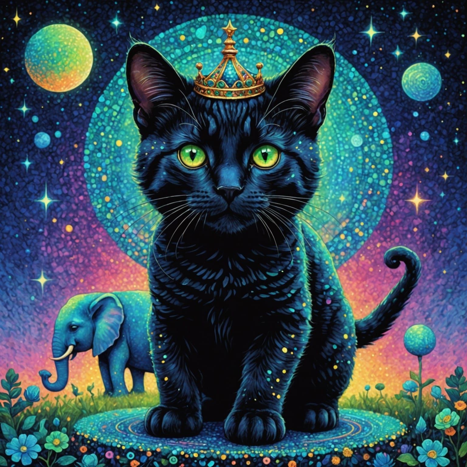 Cosmic Cat Rides Elephant in Pointillism Style