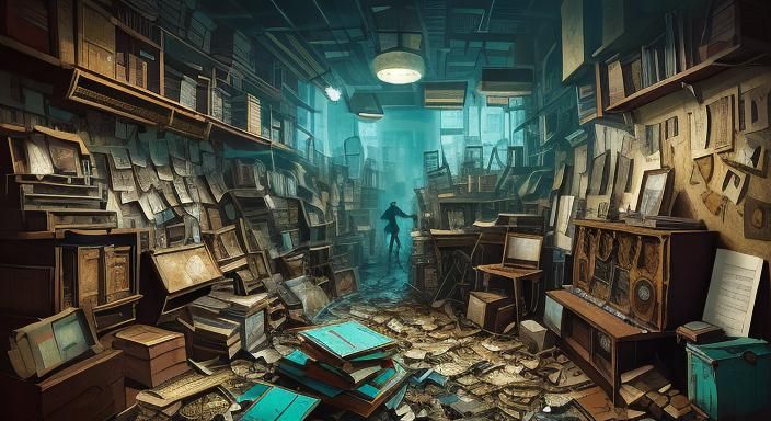 Puzzled Human Figure in Cluttered Room, Mixed Media