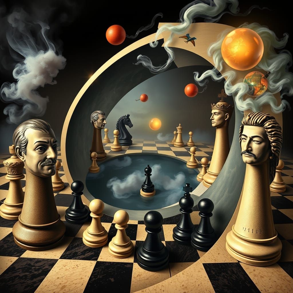 Surreal Chessboard Möbius Strip with Historical Figures