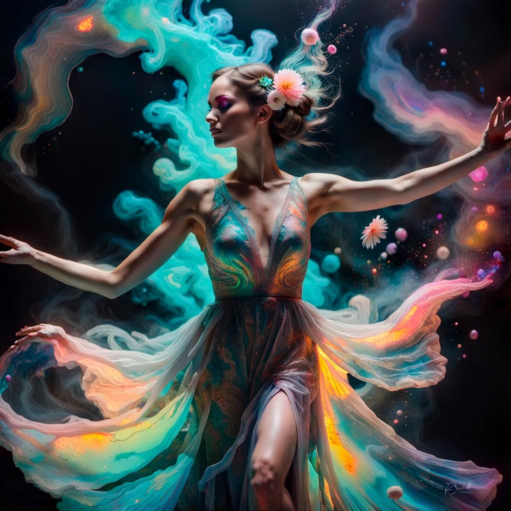 Neon Ink Dancer with Bioluminescent Gems