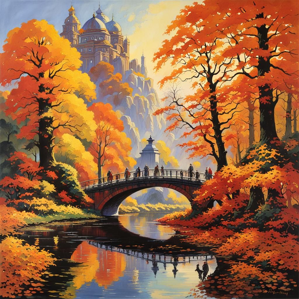 Autumn Park Scene: Golden Age Illustration