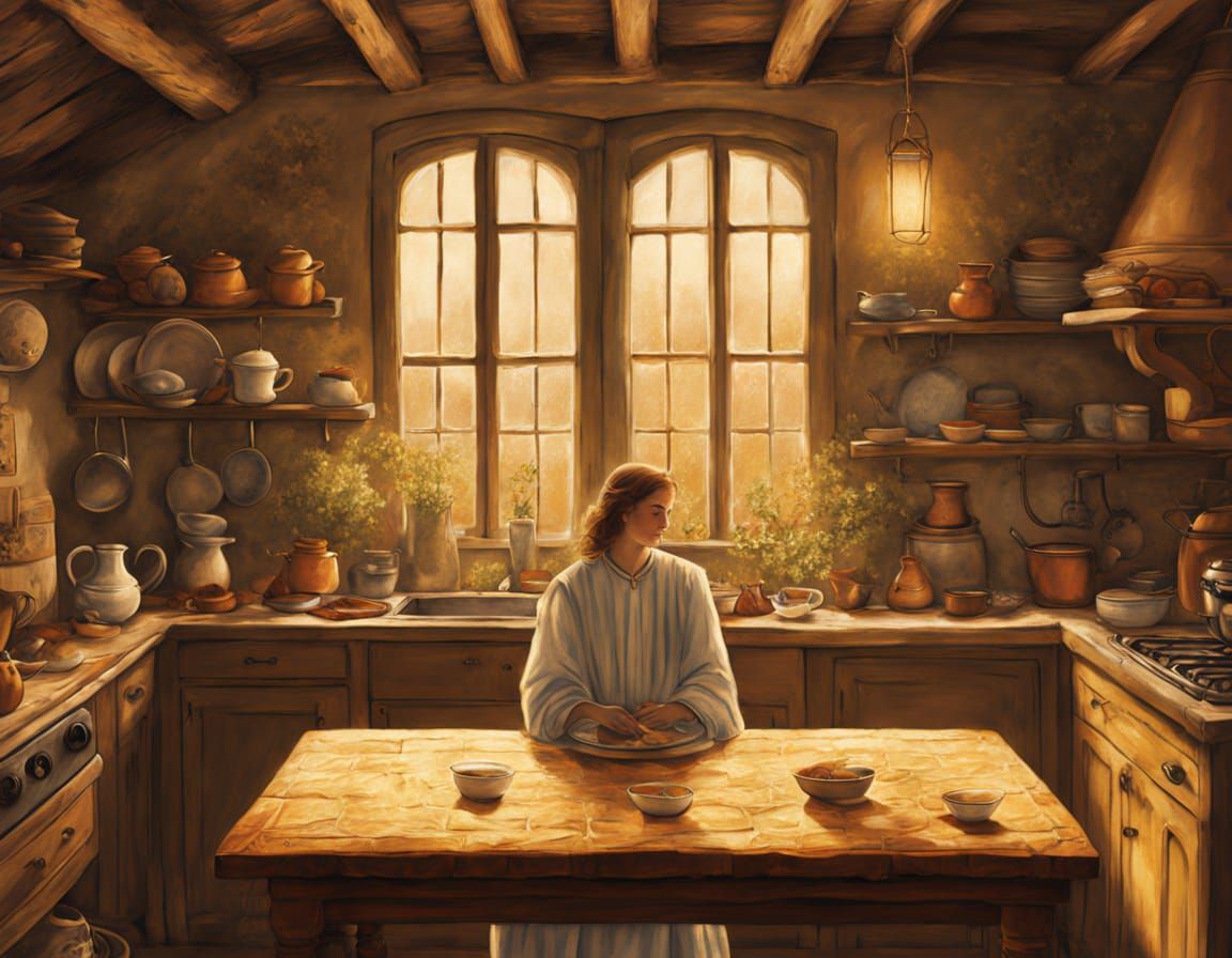 Angel Gabriel Announces Good News in a Cozy Kitchen Scene