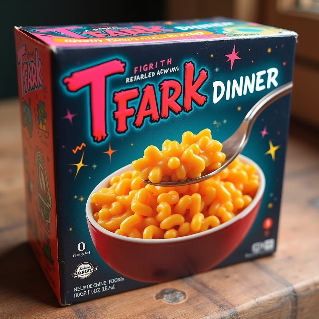 Neon Mac and Cheese Box in a Retro Futuristic Style