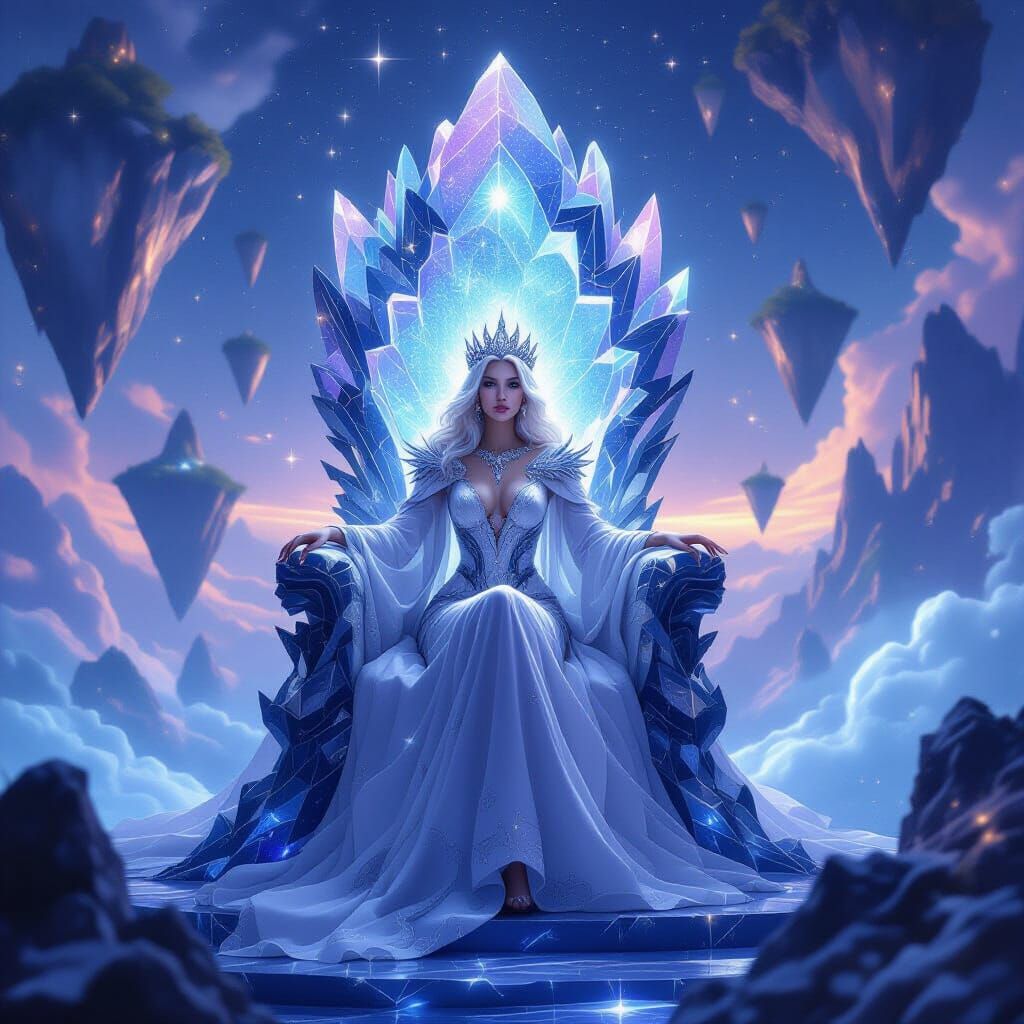 Ethereal Queen on Crystalline Throne in Cosmic Realm