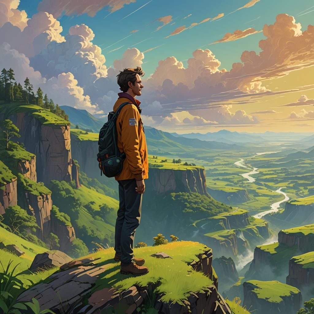 Optimist Gazing at Sunny Landscape Concept Art