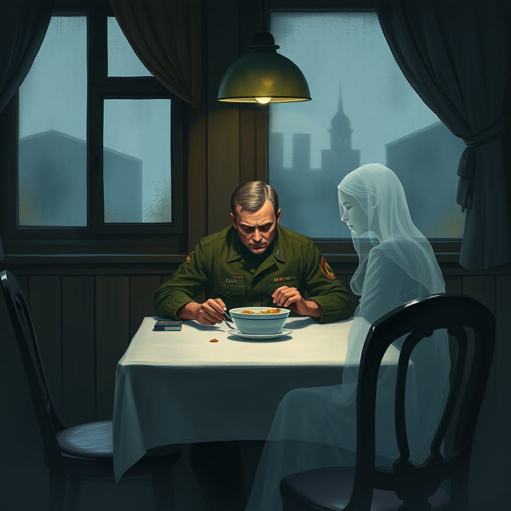 Ukrainian Soldier and Ghost Wife, in Watercolor Style