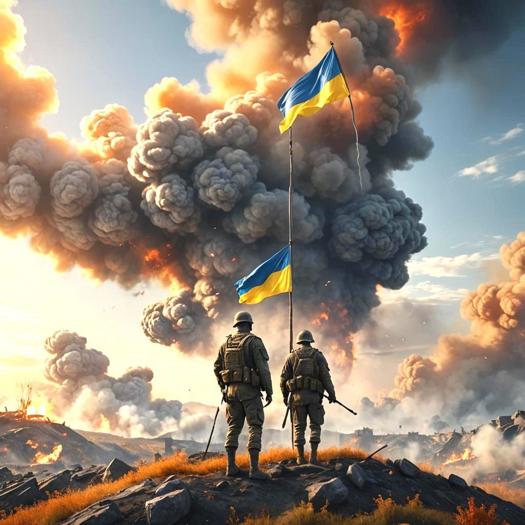 Ukrainian Soldier Waving Flag Amidst Explosive Sky