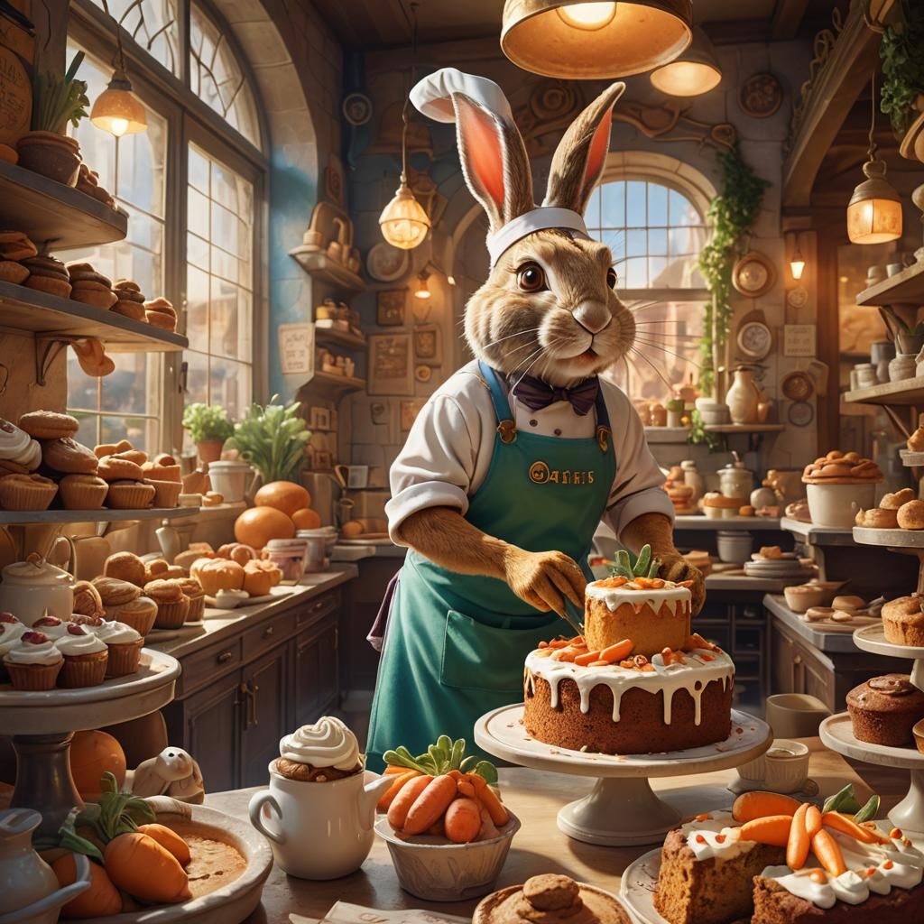 Rabbit Decorates Carrot Cake in Whimsical Bakery
