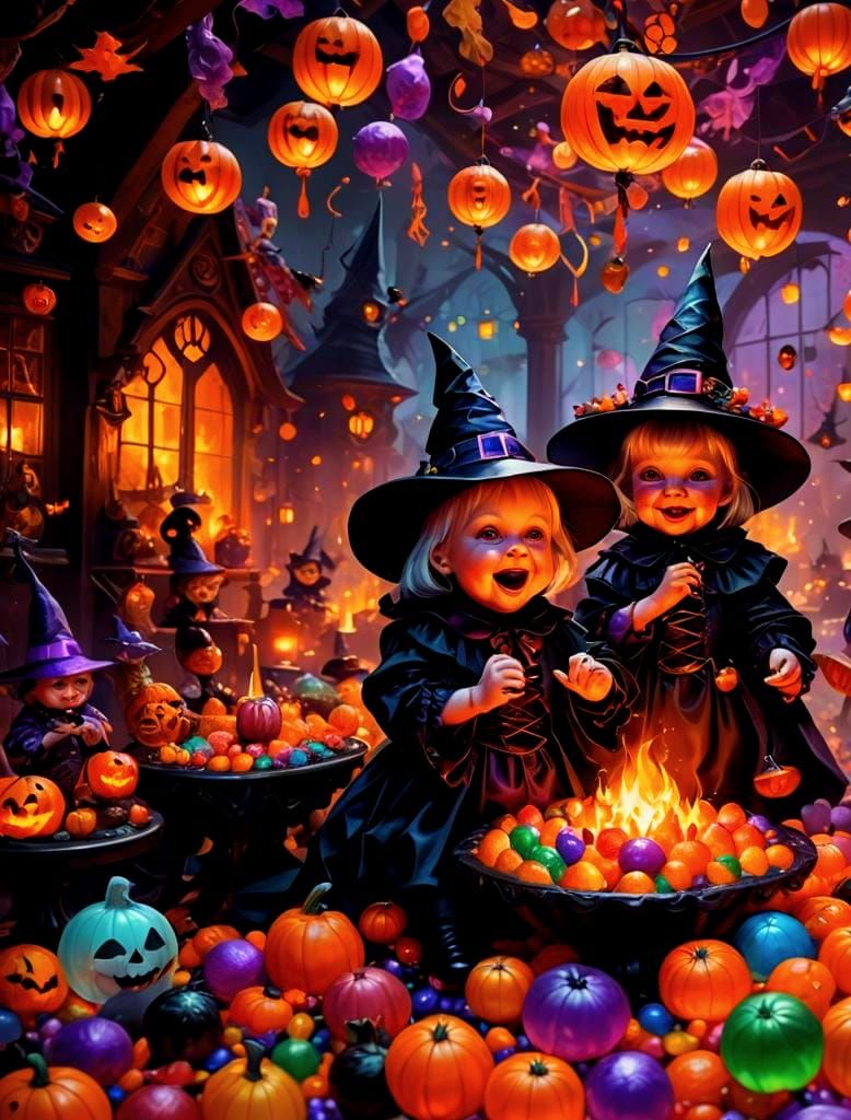Whimsical Baby Witches in Candy Halloween Wonderland