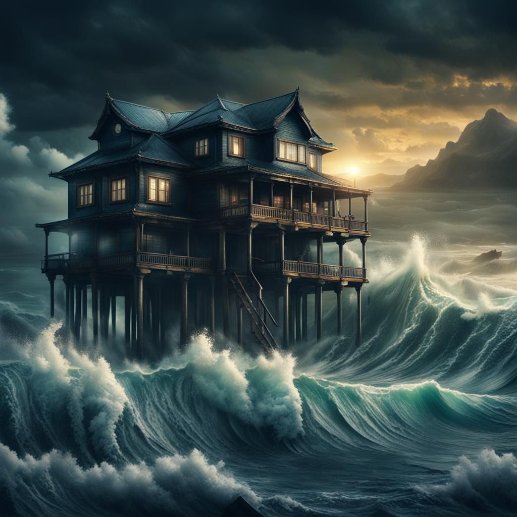 Dramatic Tsunami Wave Approaching Stilt House