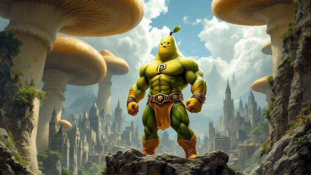 Pear Hero in Fungal Fantasy Landscape