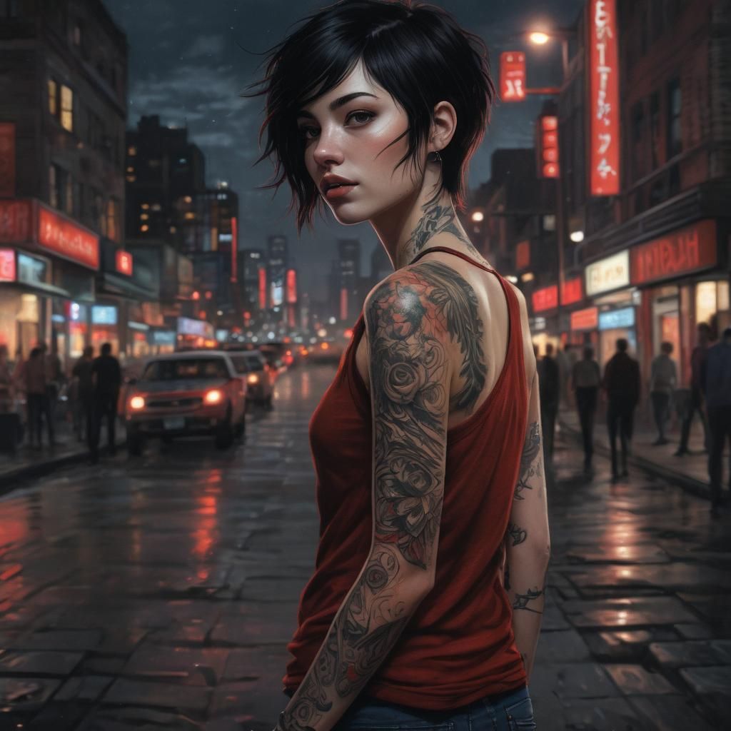 Nightlife Portrait: Young Woman in Urban Pastel Drawing