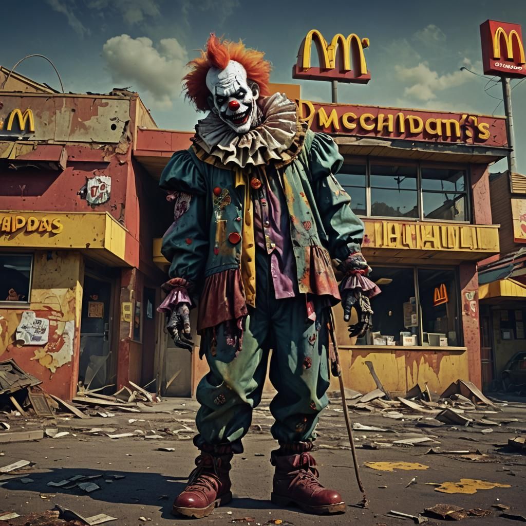 Zombie Clown Outside Decayed McDonald's, Fantasy Concept Art