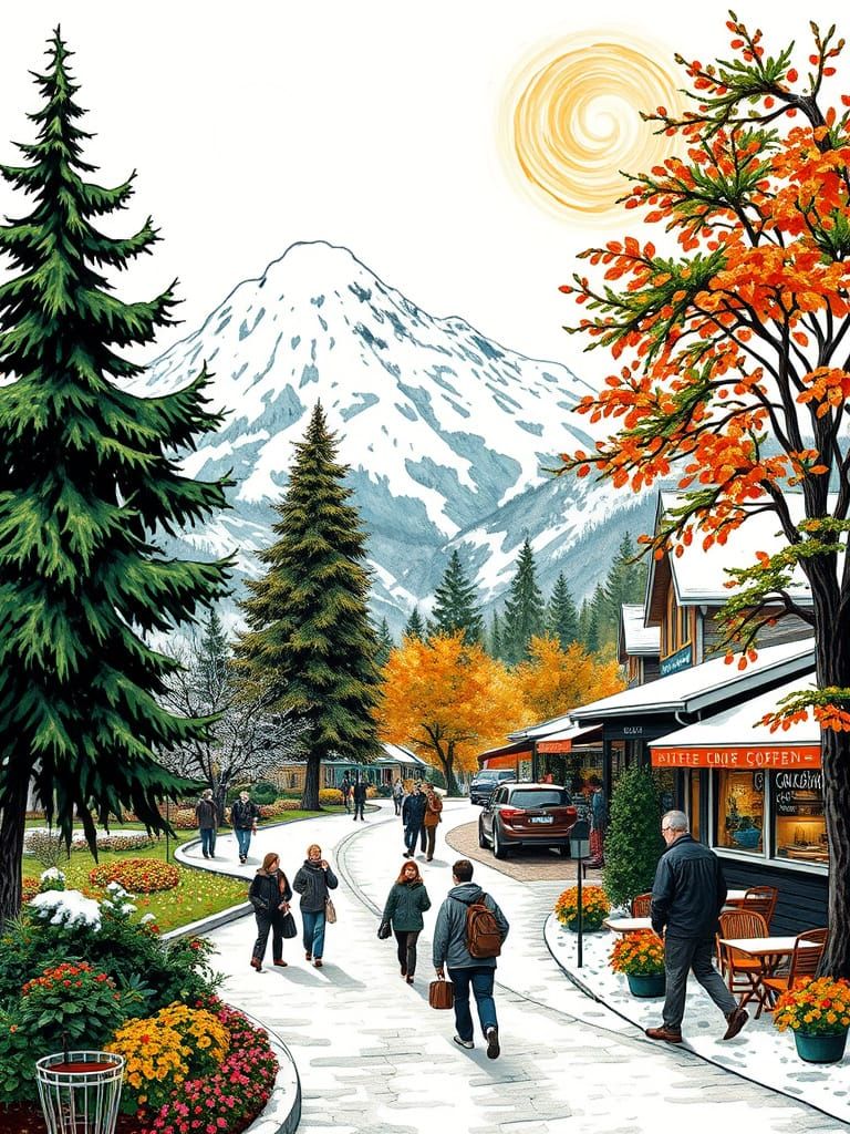 Winter Garden Coffee Shop Scene in Vibrant Colors