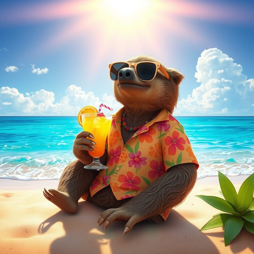Sloth on Beach with Margarita: Photorealistic 3D Render
