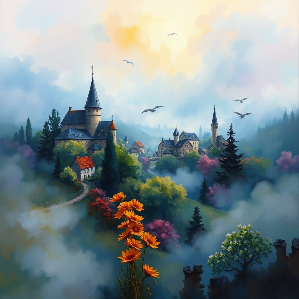 Ethereal Ville Shrouded in Mist, in Gouache Style with Impas...