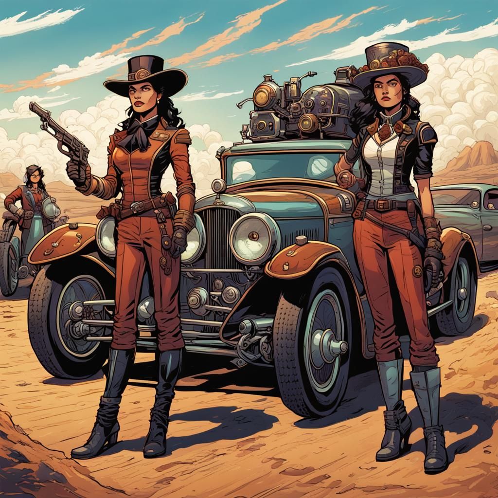 Steampunk Mexican Women Bandits by Race Car