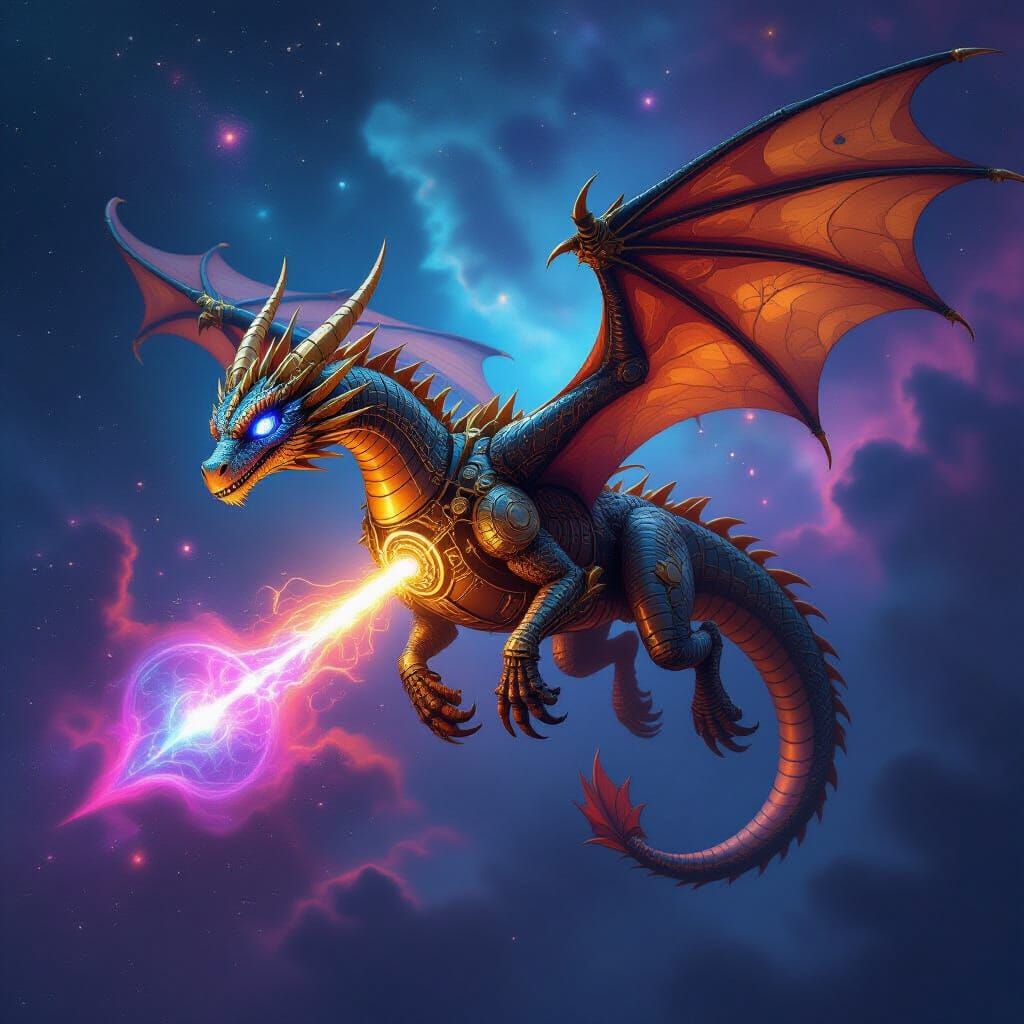 Clockwork Dragon Soars Through Nebula in Steampunk Style