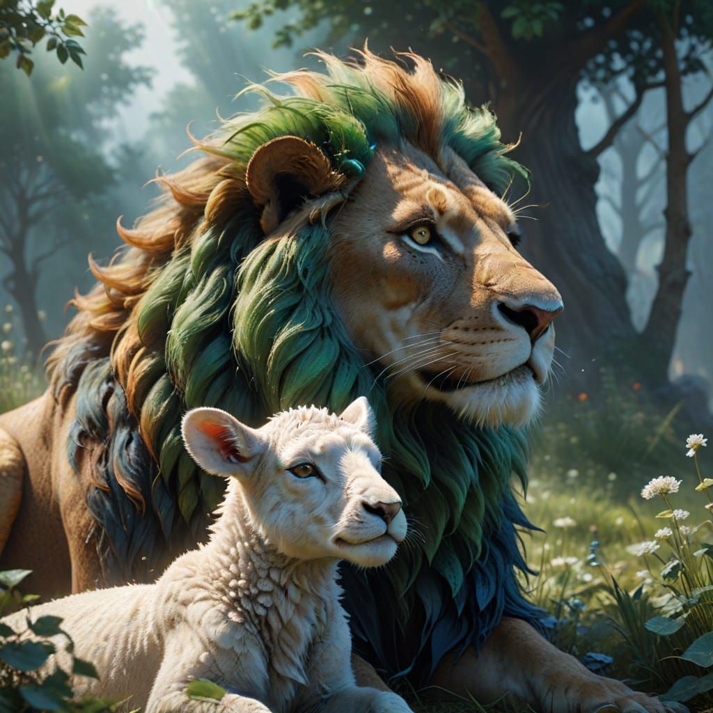 Lion and Lamb Together in Serene Landscape