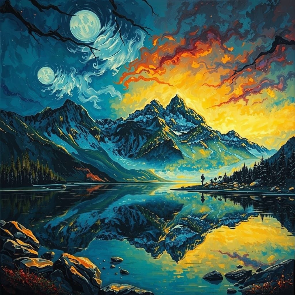 Expressionist Mountain Lake Storm in Vibrant Oil Paint