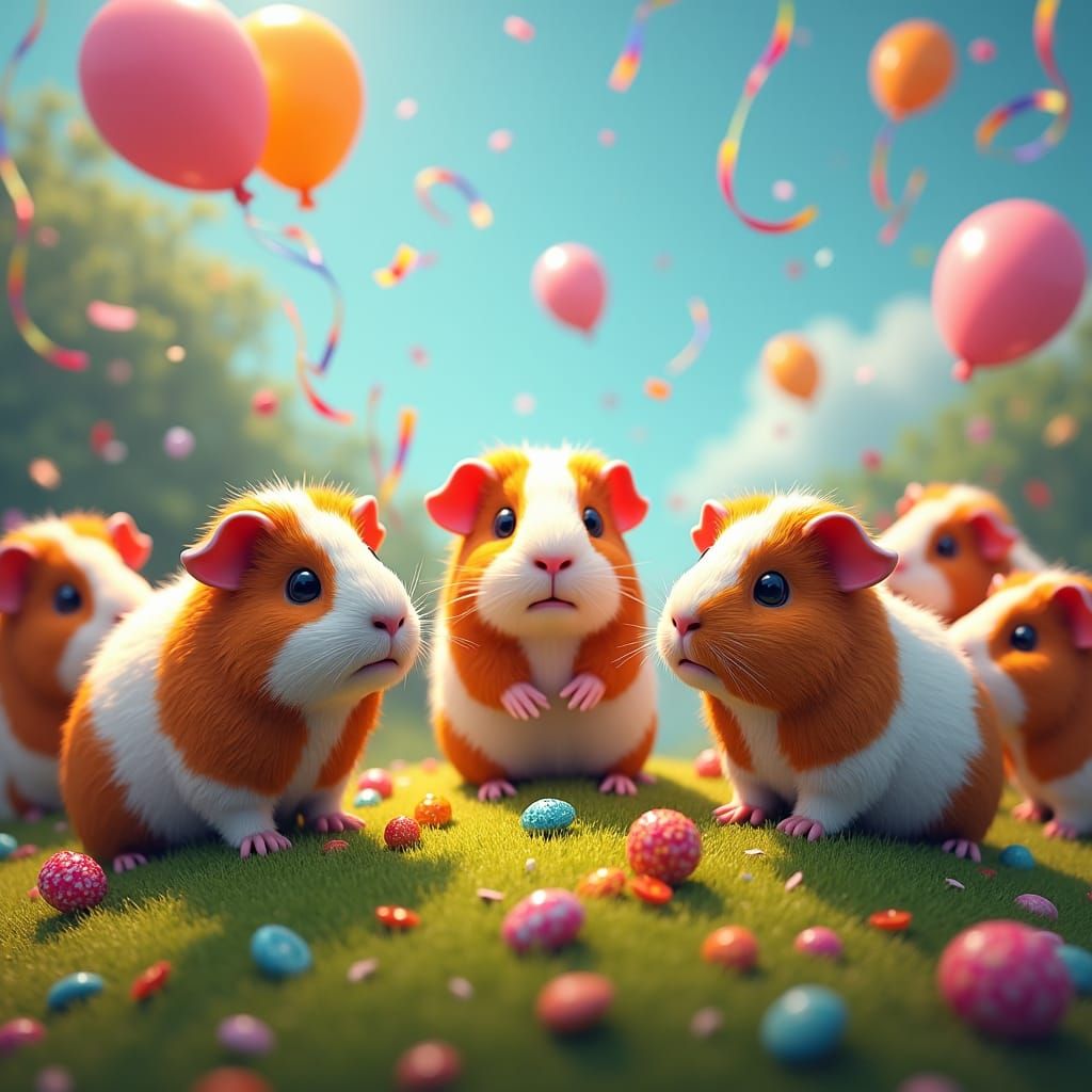 Whimsical Guinea Pig Party on a Lush Hill