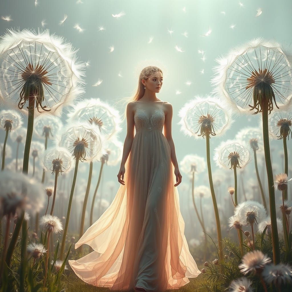 Ethereal Goddess Amidst Giant Dandelions in Surreal Landscap...
