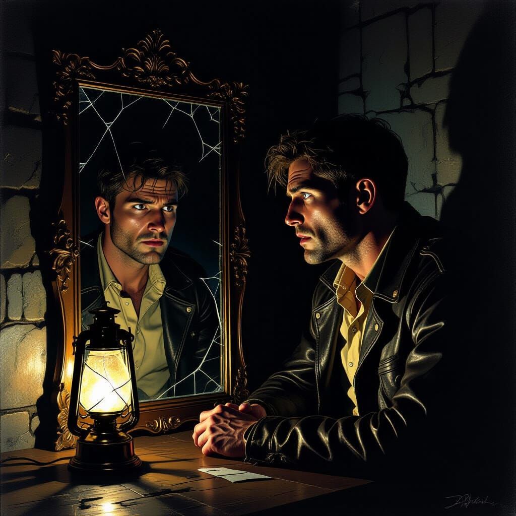 Man's Terrified Reflection in Dark Fantasy Art