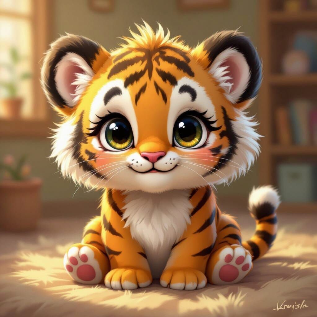 Adorable Tiger Cub in Whimsical Digital Art Style