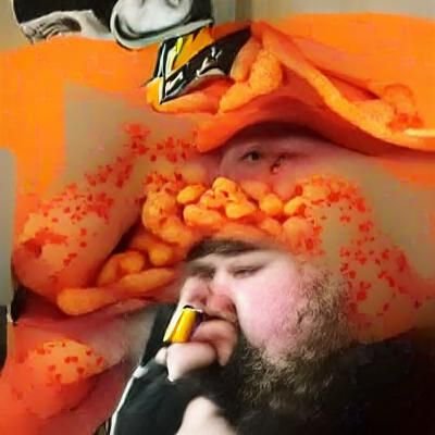 Humorous Depiction of Neckbeard Eating Cheetos