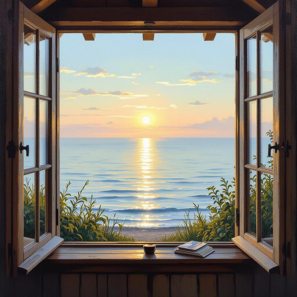 Calm Sea View from Cozy Wooden Chalet at Dawn
