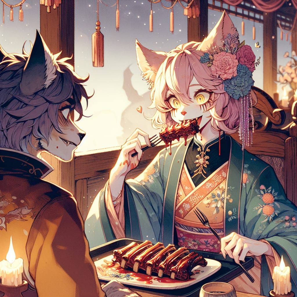 Anime Catgirl's Romantic Dinner: Japanese Woodblock Style
