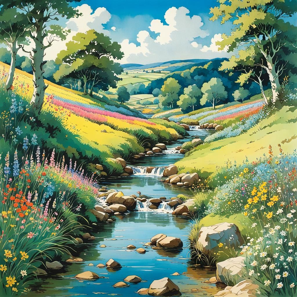 Anime Countryside Stream with Wildflowers